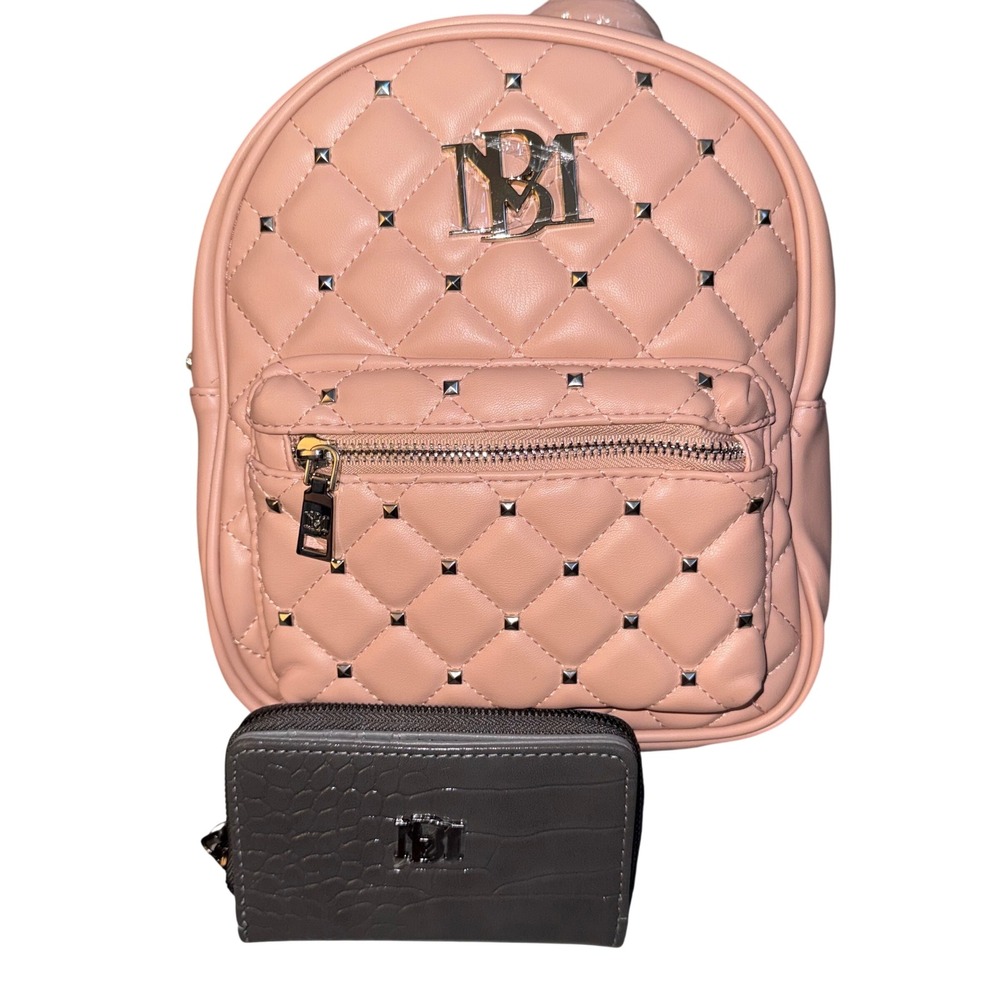 Badgley Mischka Quilted Studded Mini Backpack and Croc Wallet Set Pink Grey NEW